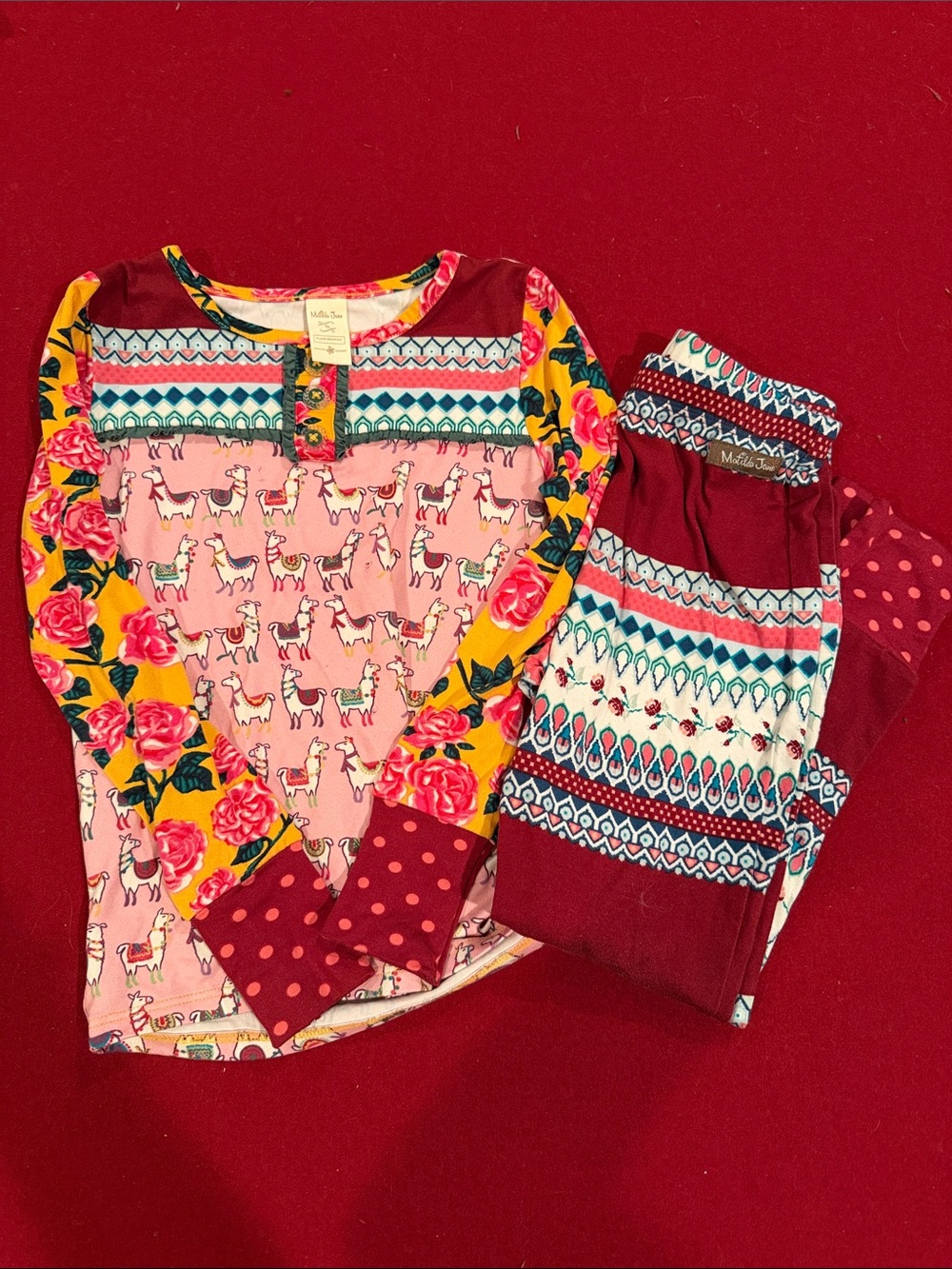 Matilda Jane Pink, Yellow & Burgundy Llama and Floral Pajama Set